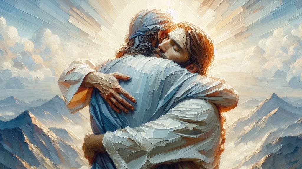 An oil painting of two people hugging each other, symbolizing reconciliation and forgiveness.