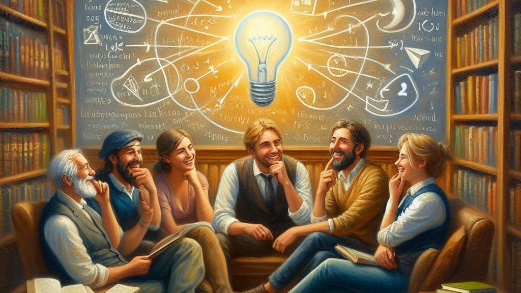 An oil painting of five friends happily brainstorming together in a library room, symbolizing wisdom in relationships.