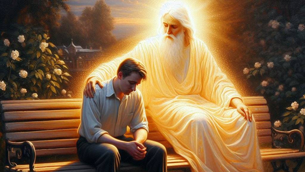 An oil painting of a sad man on a park bench being comforted by a glowing divine figure, symbolizing comfort in God's presence.