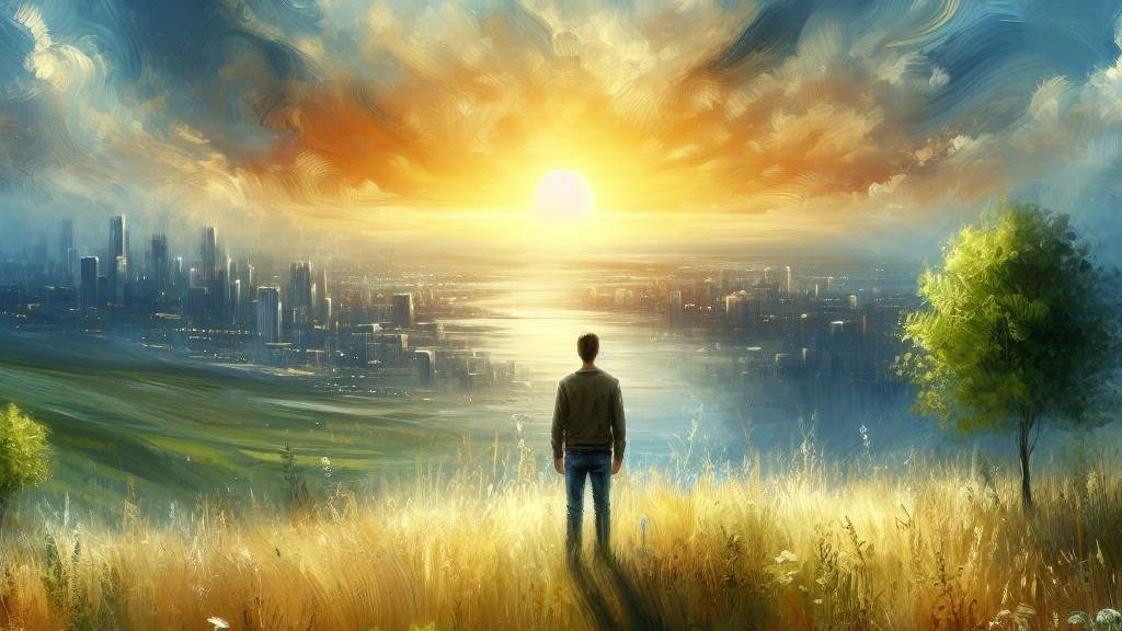 An oil painting of a person standing in a grassy field on a hill, looking into a beautiful sunrise with the city below, symbolizing renewal and moving forward.