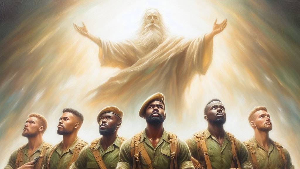 An oil painting of five brave soldiers standing up with the presence of God behind them, symbolizing strength and courage.