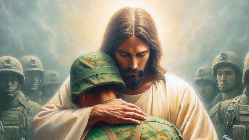 An oil painting of Jesus hugging a soldier, symbolizing healing and peace for veterans.