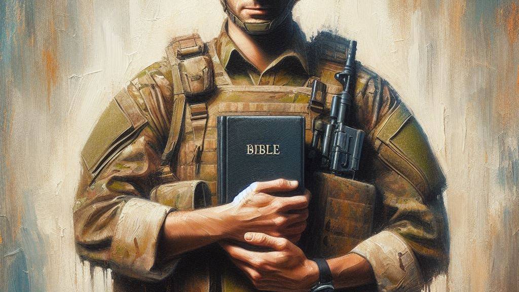 An oil painting of a soldier holding a Bible, symbolizing hope and resilience with God's love during tough times.