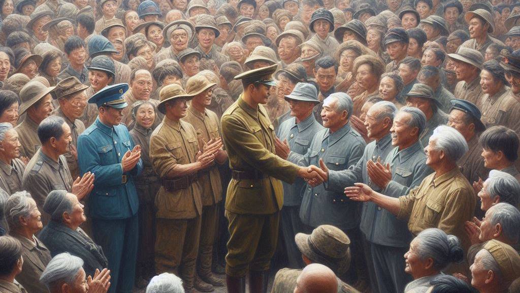 An oil painting of a group of people shaking hands with soldiers, symbolizing gratitude and recognition.